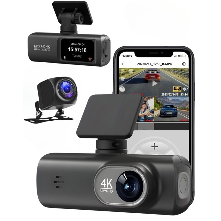 QOVU® V22 DVR autós kamera, 4K elülső és 1080P hátsó felbontás, WiFi és dedikált alkalmazás, 170°-os ultraszéles látószög, 128 GB kapacitás, hurokfelvétel és ütközésérzékelő, éjjellátó autós kamera