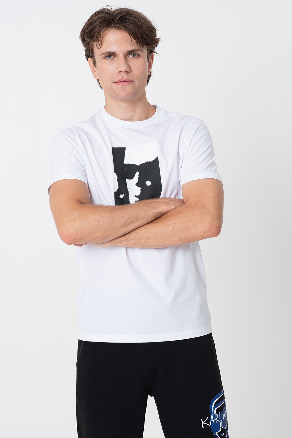 Karl Lagerfeld, Tricou din bumbac cu design grafic, Alb, Alb fildes, Negru, S