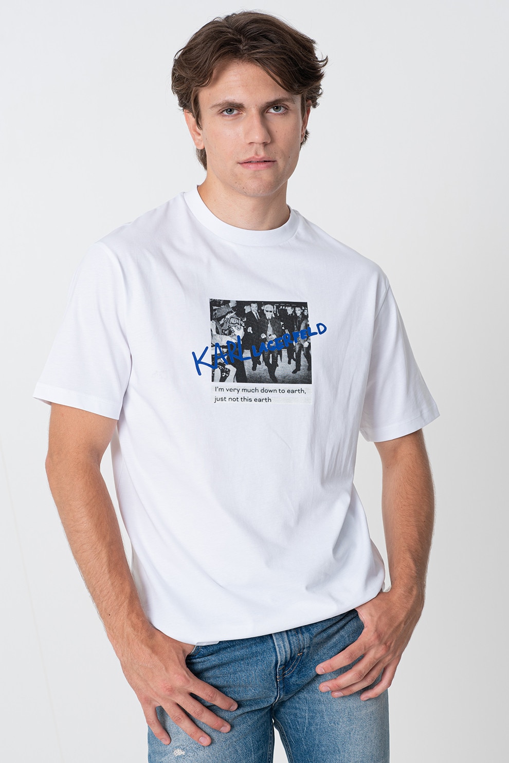 Karl Lagerfeld, Tricou din bumbac cu imprimeu foto, Alb, Gri, Albastru royal, S