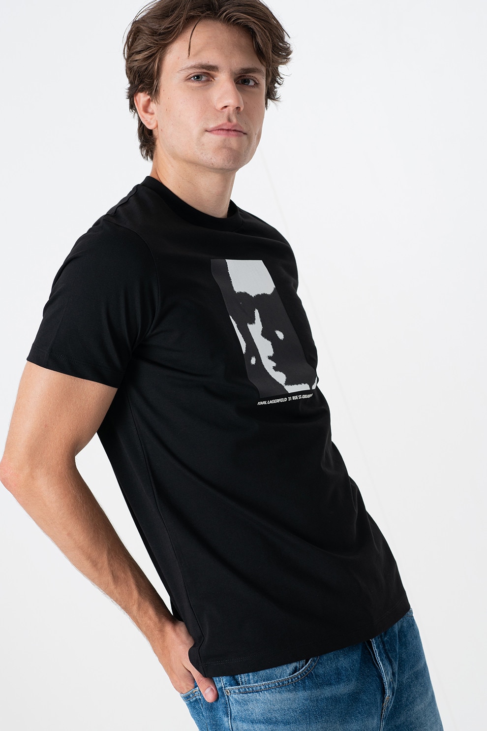 Karl Lagerfeld, Tricou din bumbac cu design grafic, Negru, Alb murdar, S