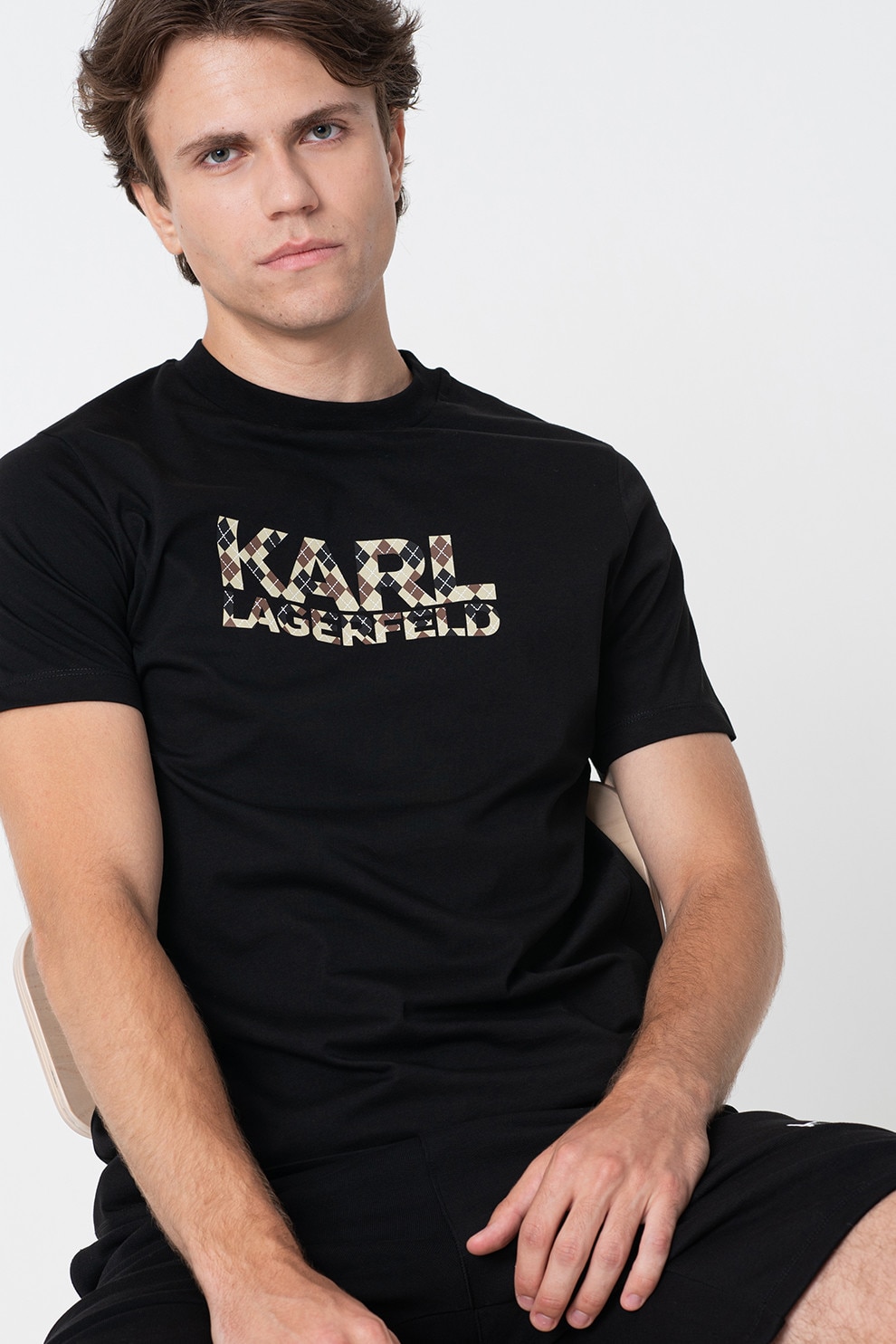 Karl Lagerfeld, Tricou cu decolteu la baza gatului si imprimeu logo, Negru, Maro, Bej, XL