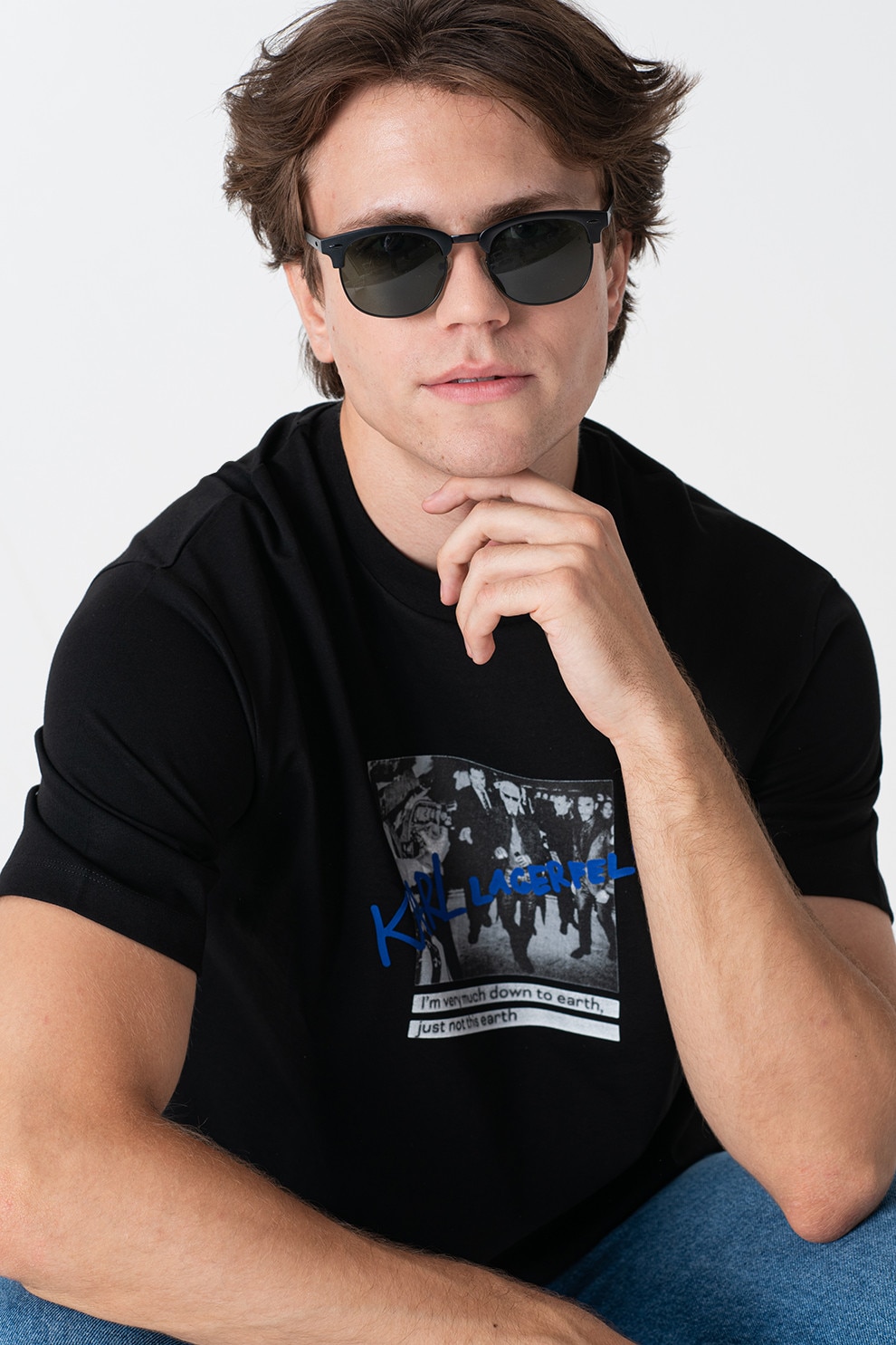 Karl Lagerfeld, Tricou din bumbac cu imprimeu foto, Negru, Albastru inchis, Alb murdar, S