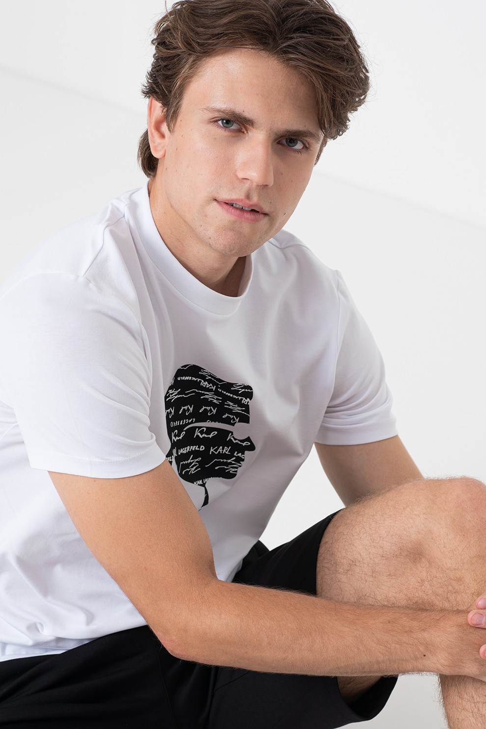 Karl Lagerfeld, Tricou cu decolteu la baza gatului si imprimeu logo, Alb, Negru, XL