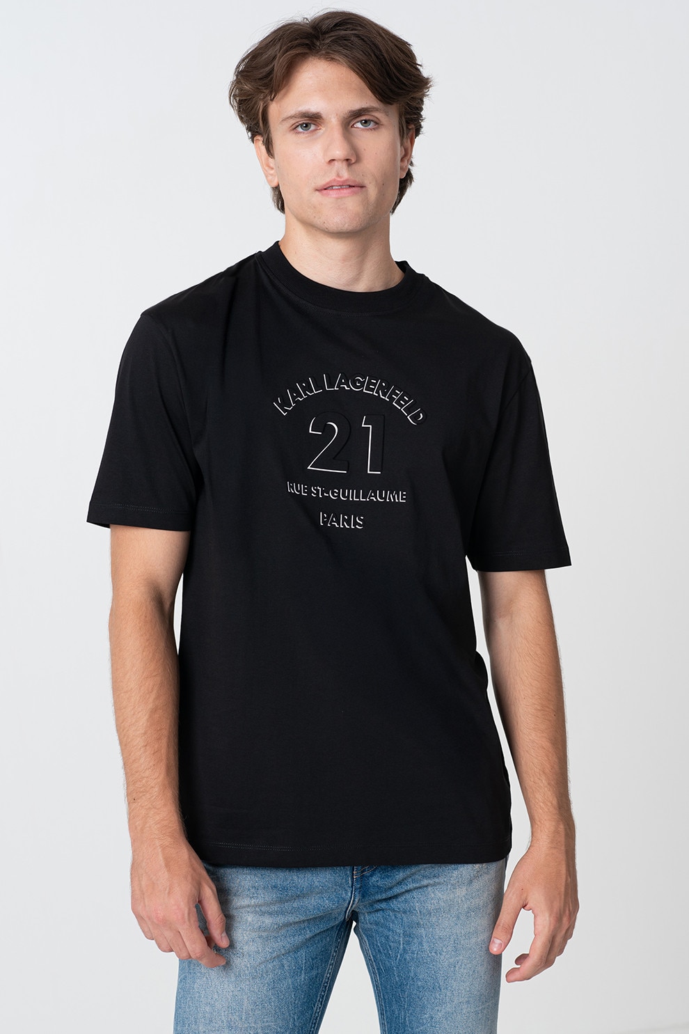 Karl Lagerfeld, Tricou cu decolteu la baza gatului si imprimeu, Alb, Negru, M