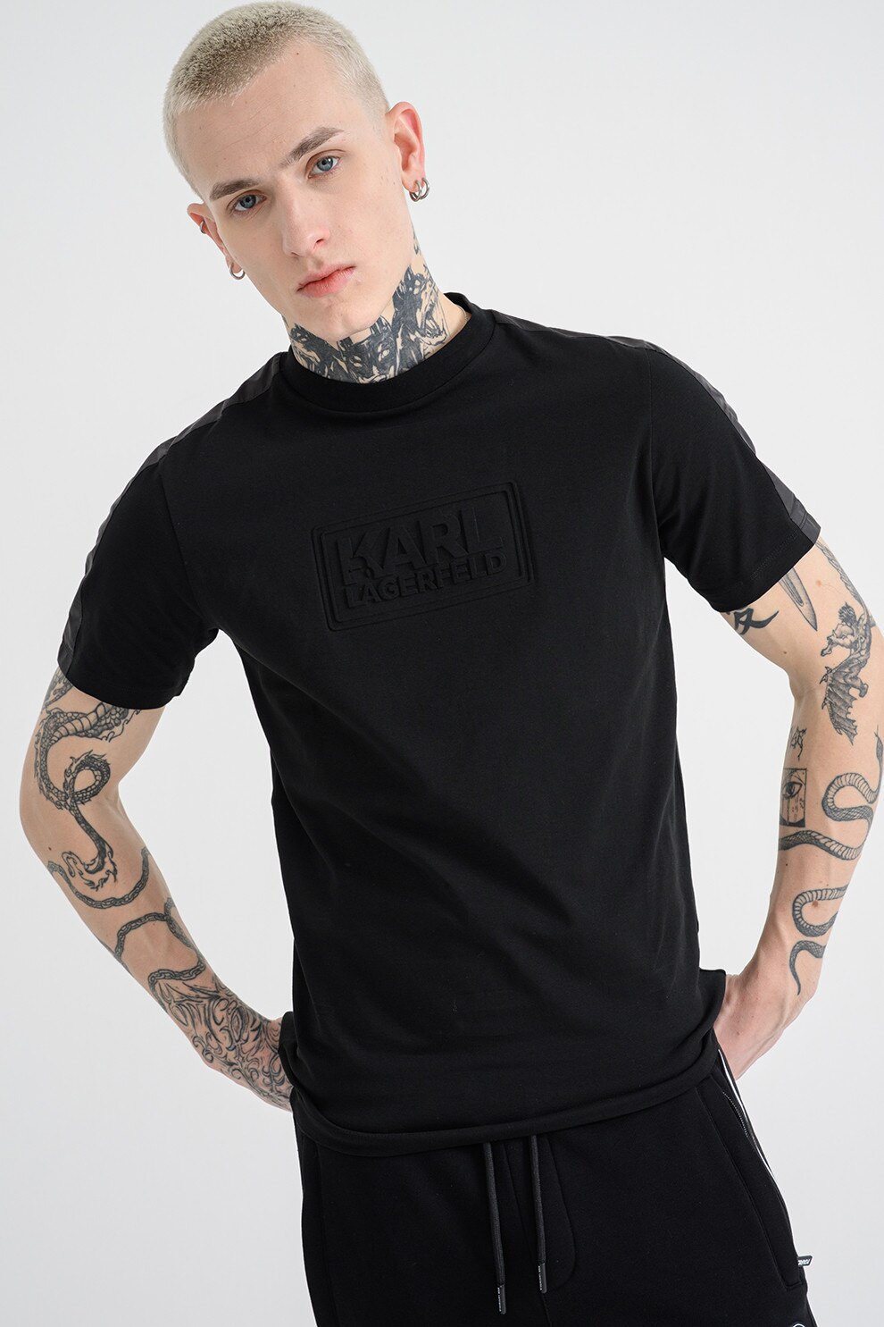 Karl Lagerfeld, Tricou cu logo stantat, Negru, L