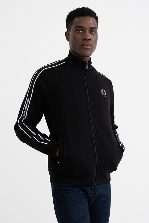 Karl Lagerfeld, Bluza de trening cu logo si fermoar, Negru/Alb murdar