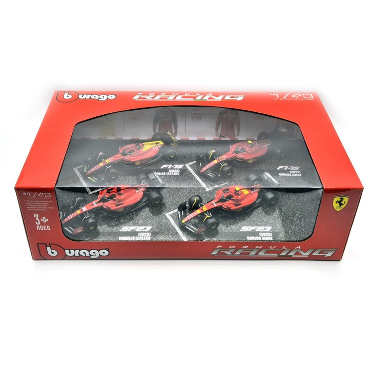 Ferrari F1 szett - 2023 SF-23 Charles Leclerc - 2023 SF-23 Carlos Sainz (Monza) - 2022 F1-75 Charles Leclerc (Monza) - 2022 F1-75 Carlos Sainz - Burago - 1:43