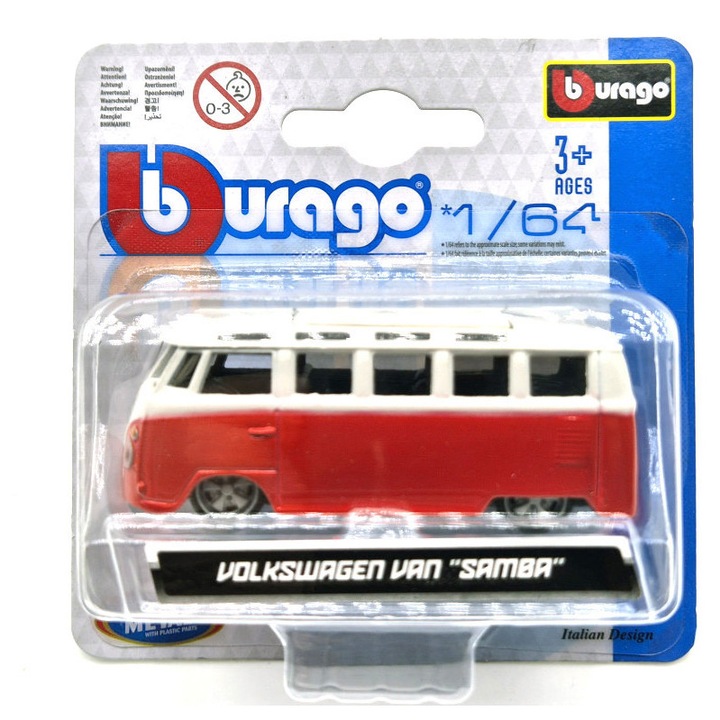 Volkswagen VW T1 transporter Samba Minibus - piros - Burago - 1:64
