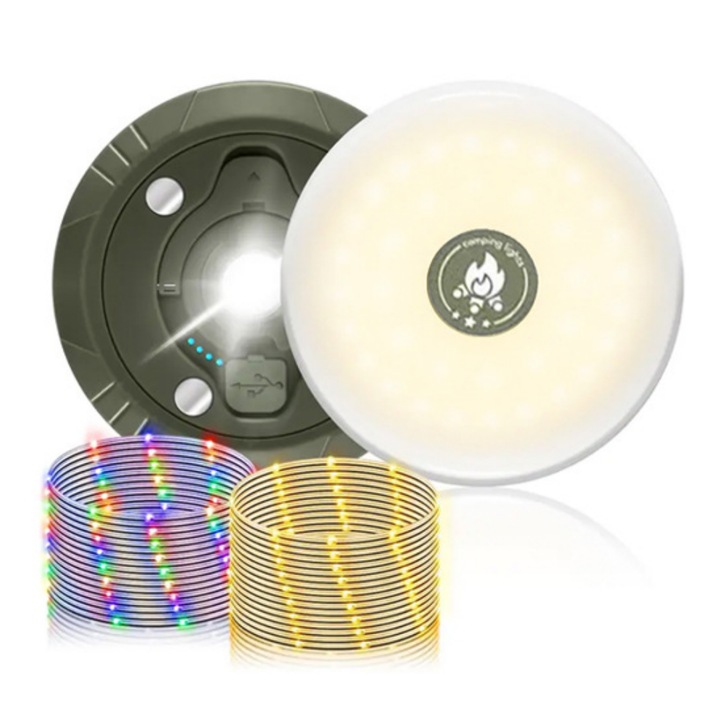 Lampa de camping 4-in-1, cu Lanterna, lumini de sarbatoare, SOS, 10 m, portabila, 2000 mAh, 250 lumeni, Lumini de exterior cu 8 moduri de iluminare, durabil si rezistent la apa, incarcare USB