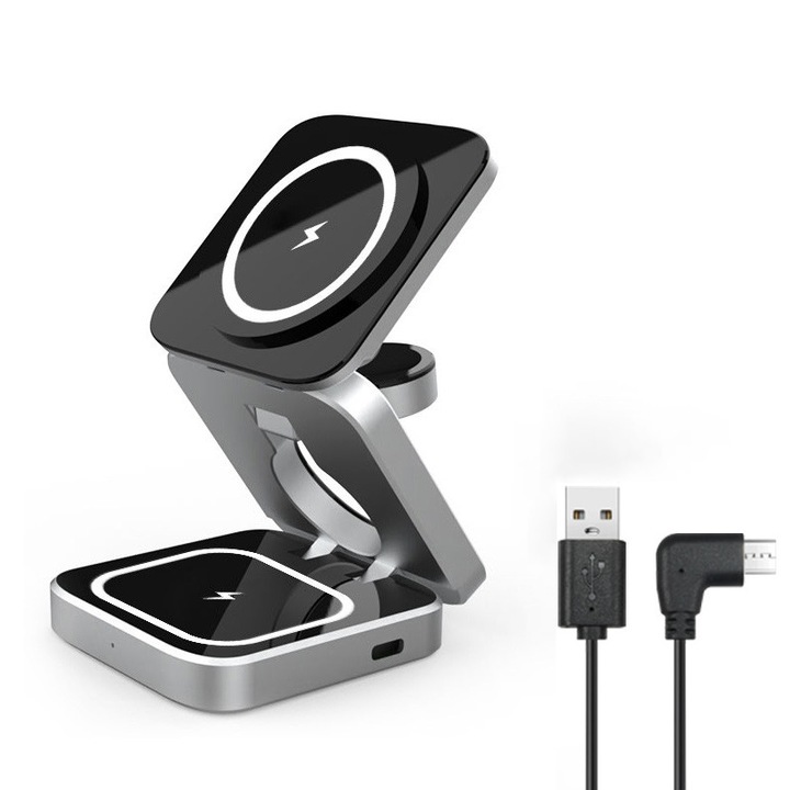 3 az 1-ben vezeték nélküli töltőállomás, OTTOOPPXIN®, összecsukható, fekete, 15W, 10x10x2cm