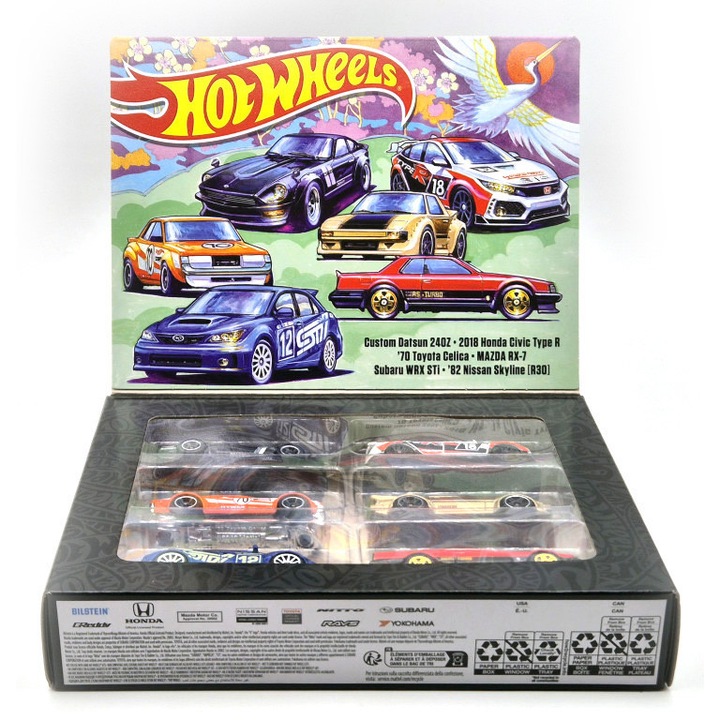Hot Wheels Japan Theme - 6 darabos szett díszdobozban - Custom Datsun 240Z - 2018 Honda Civic Type R - 1970 Toyota Celica - Mazda RX-7 - Subaru WRX STi0 - 1982 Nissan Skyline R30 - Hot Wheels - 1:64