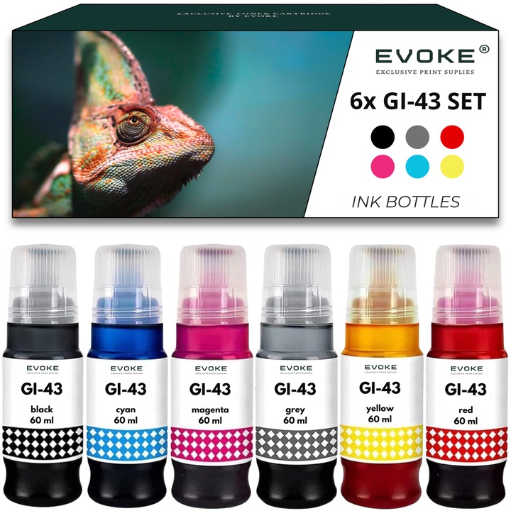 6x Мастило за принтер Canon Pixma GI43, комплект от 6 x 60 мл, съвместимо с Pixma G540 G640