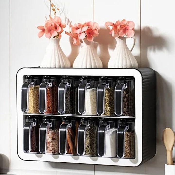 Set 12 recipiente condimente cu clapeta si raft depozitare, pentru bucatarie