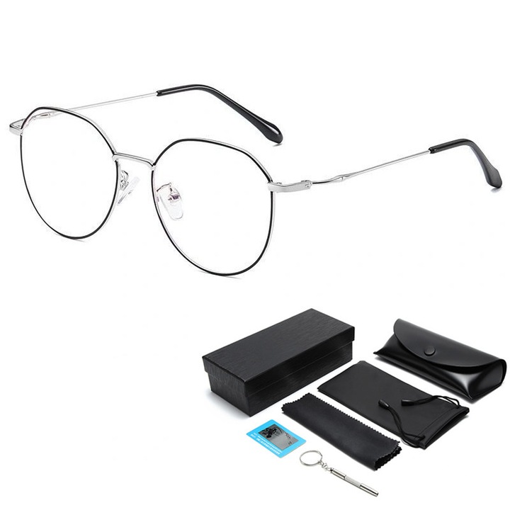 Ochelari de protectie pentru computer, ecran mobil, computer, TV, gaming, protectie impotriva luminii albastre, antireflexie, Fudisenn, rama rotunda, rama metalica, vine cu husa pliabila pentru ochelari si laveta din microfibra, argintii