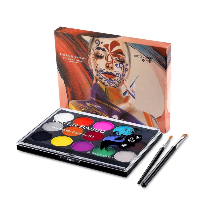 Комплект бои за лице и тяло, 15 цвята, с 2 четки, безопасни за деца, 14,5x10,5x1,3 см, Многоцветни