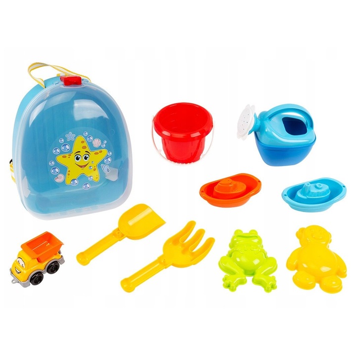 Комплект плажни играчки, TechnoK, С детска раница, 10 броя, Многоцветни