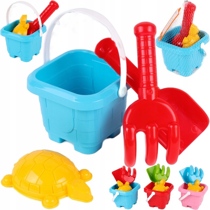 Комплект за игра с пясък, TechnoK, квадратна кофа, лопатка и гребло, многоцветен, за деца над 1 година