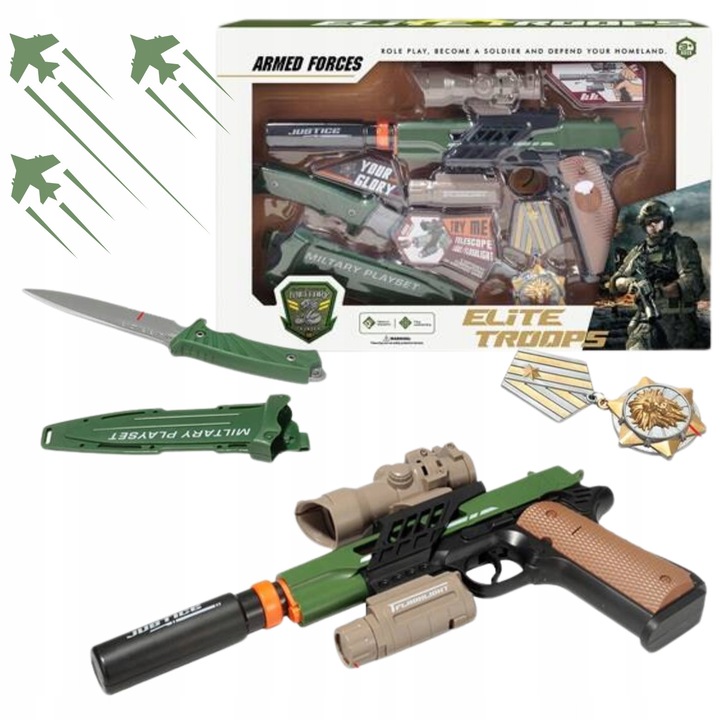 Set arme de jucărie MAKSIK, pistol cu efecte luminoase, cuțit tactic