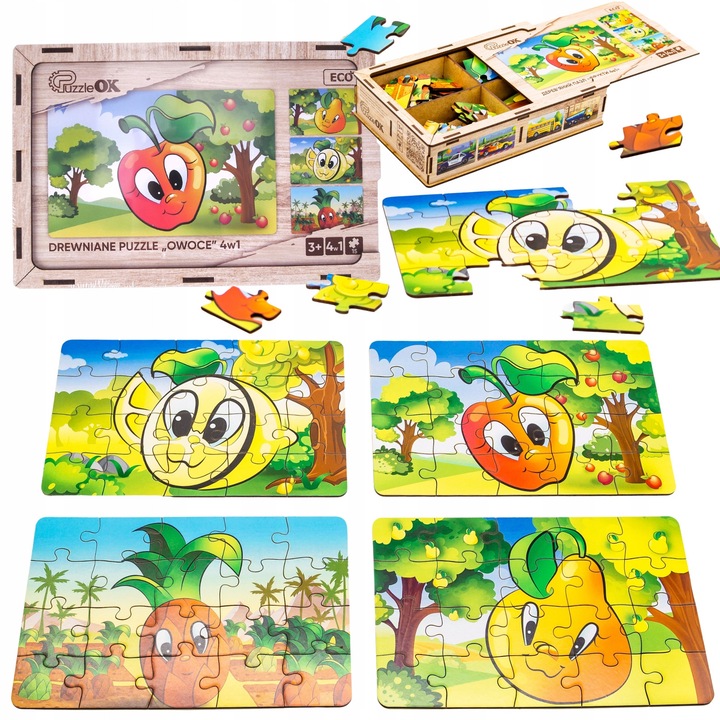 4 az 1-ben fa kirakós, gyümölcsmintás, 3+ éves kortól