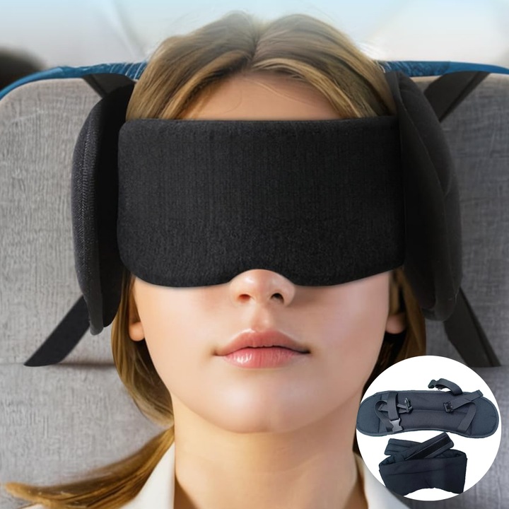 Perna de Calatorii tip Suport de Cap 360° cu Masca de Somn Glossyss™, pentru un Somn Odihnitor in Avion, Masina, Autobuz, Tren, Material Moale si Hipoalergenic, Sistem Reglabil, Negru