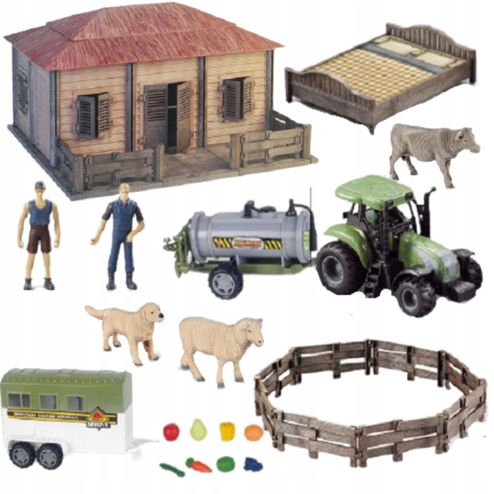 Комплект фигурки Ферма ProNice, 2 фермери, 3 животни, трактор, мебели