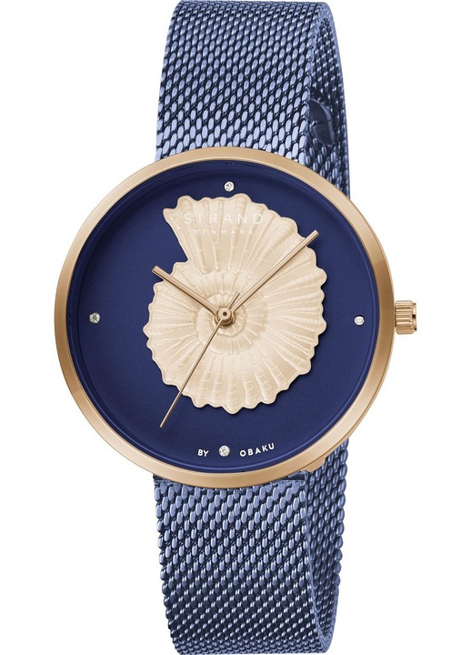 Ceas de dama Strand by Obaku, model Seashell, roz aurie, bratara albastra, cadran albastru navy, mecanism quartz, rezistent la apa 30m