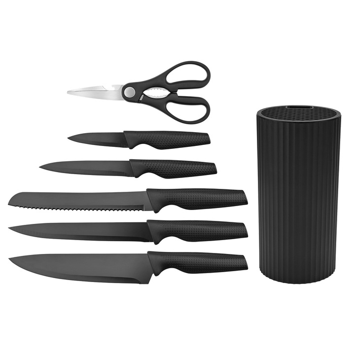 Set cutite bucatarie inox ALLFYL, 7 piese, 6 cutite universale, foarfeca din otel inoxidabil, cutie de depozitare inclusa, pentru carne, legume si fructe, rezistent la rugina, negru