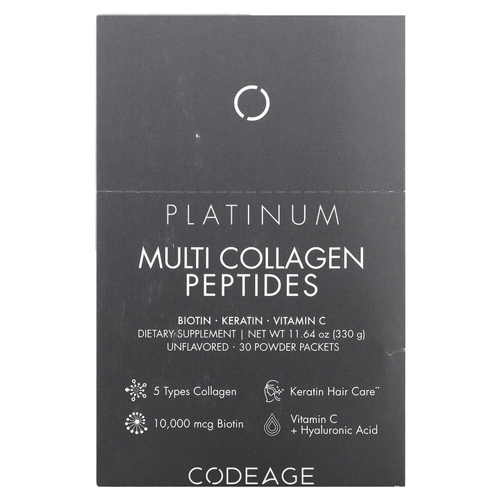Peptide multicolagenice Codeage Platinum, biotina, cheratina, vitamina C, 30x11g, neindulcit