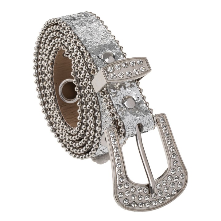 Черен колан със сребърен брокат и метална катарама с кристали за жени 110x2.5 см - един размер