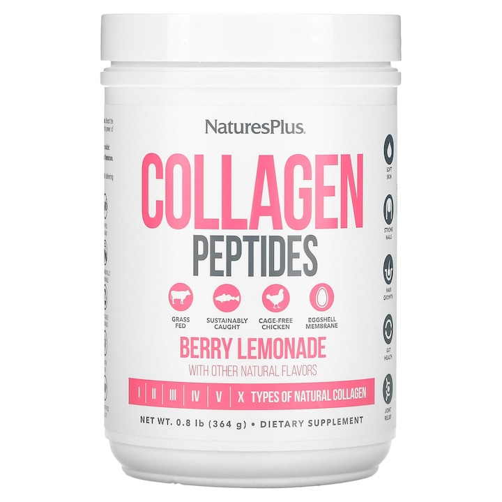 Peptide colagenice NaturesPlus, lemonada cu aroma de fructe de padure, 364 g, pudra, fara gluten, pentru femei si barbati