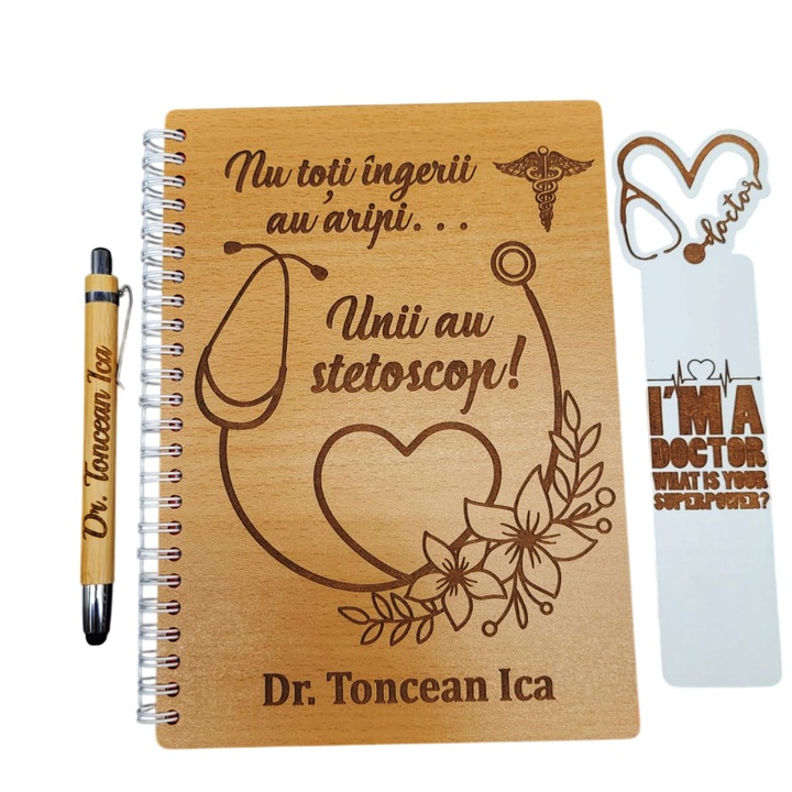 Set cadou pentru doctor - Agenda, pix si semn de carte din lemn personalizate cu mesaj, Fag, A5