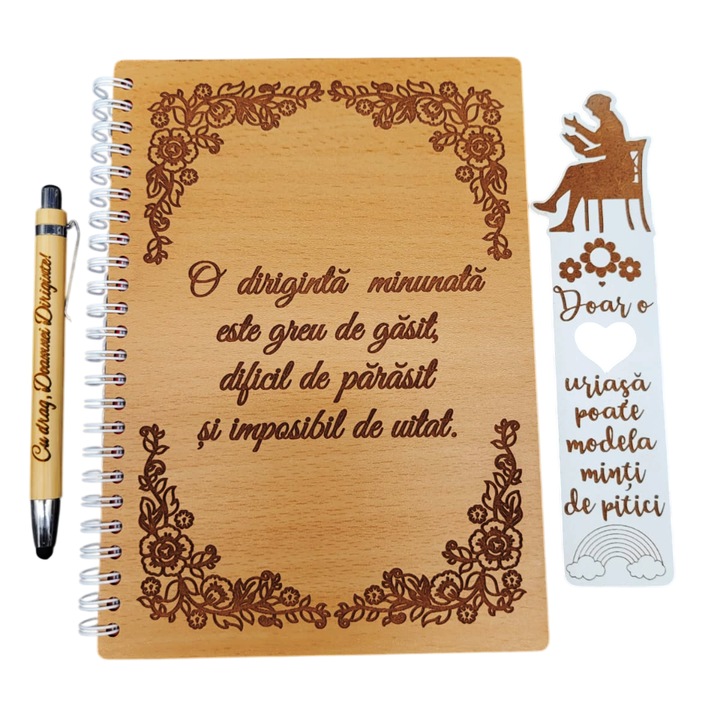 Set cadou pentru Doamna Diriginta - Agenda, pix si semn de carte din lemn personalizate cu mesaj, Fag, A5