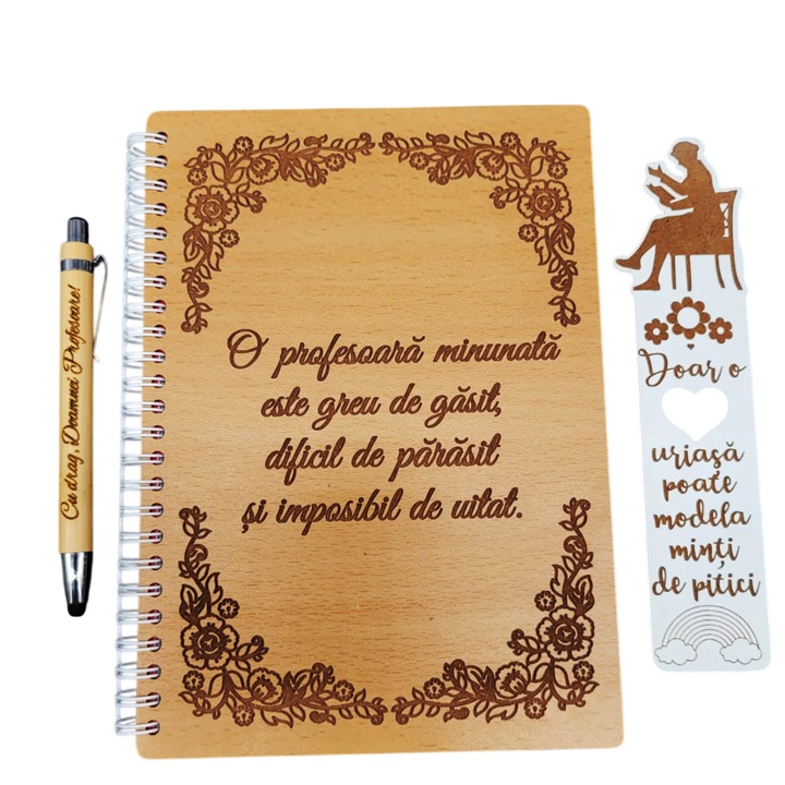 Set cadou pentru Doamna Profesoara - Agenda, pix si semn de carte din lemn personalizate cu mesaj, Fag, A5