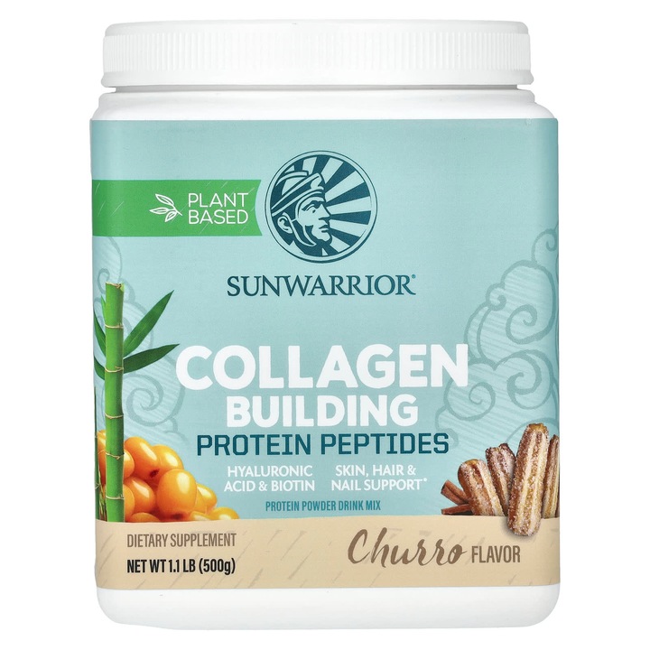 Kollagén por, Sunwarrior, churro, 500 g, vegán, gluténmentes