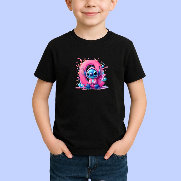 Tricou Alfabet Litera Q cu Stitch Roz fericit, explozie de culori, Copii, 100% bumbac, Cri-Flo, Culoare Negru, Marime 7-8 ani, 134 CM