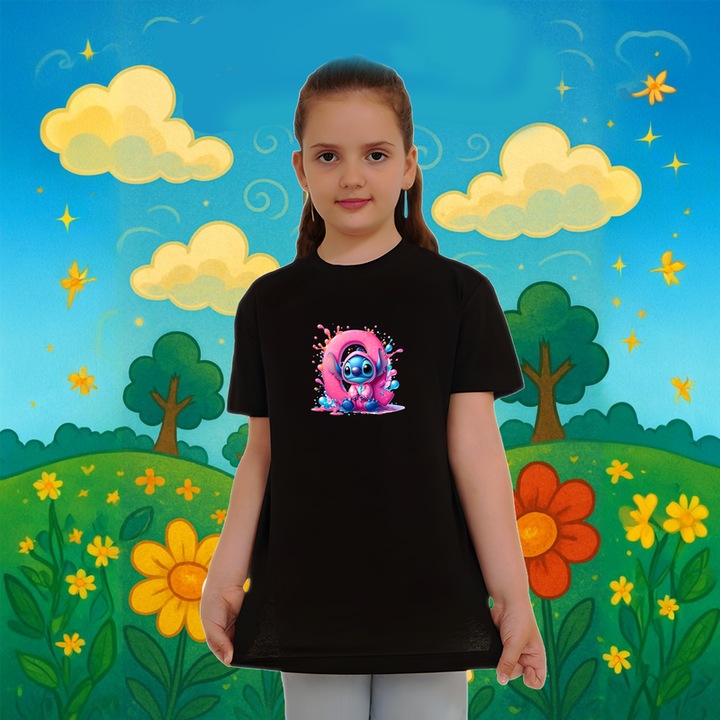 Tricou Alfabet Litera Q cu Stitch Roz fericit, explozie de culori, Copii, 100% bumbac, Cri-Flo, Culoare Negru, Marime 7-8 ani, 134 CM