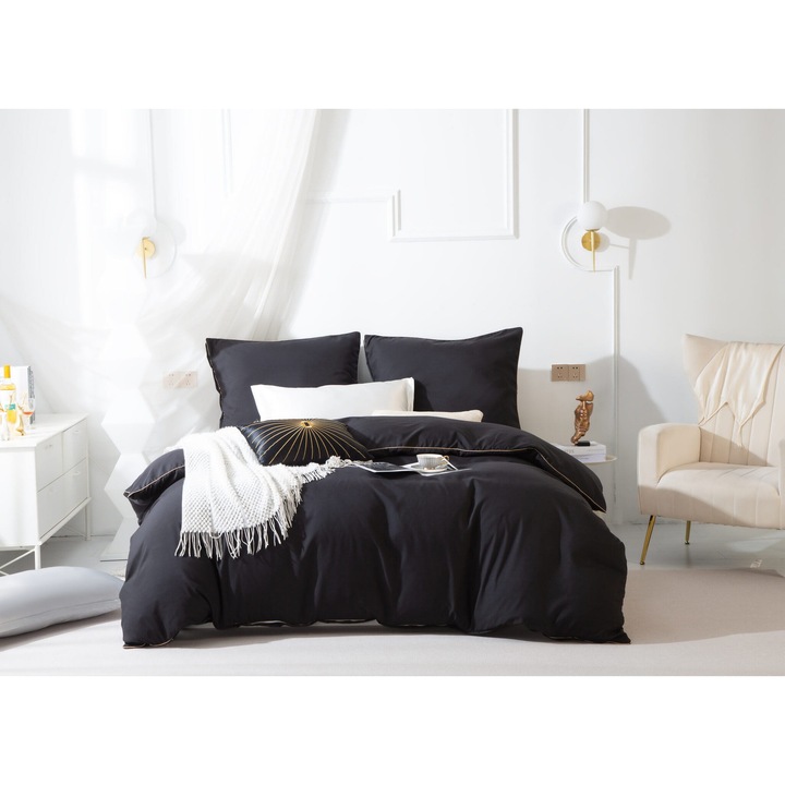 Lenjerie de pat, 140x200 cm, Spod Igly i Nitki, microfibra, negru cu dunga aurie, 1 perna 70x80 cm