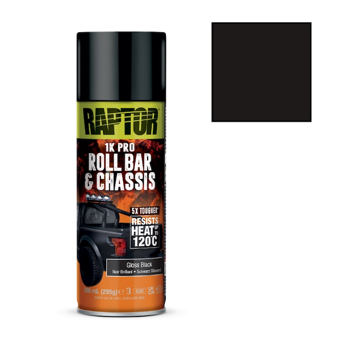 Vopsea spray Raptor bara de protectie rollbar si sasiu negru lucios – 366 ml