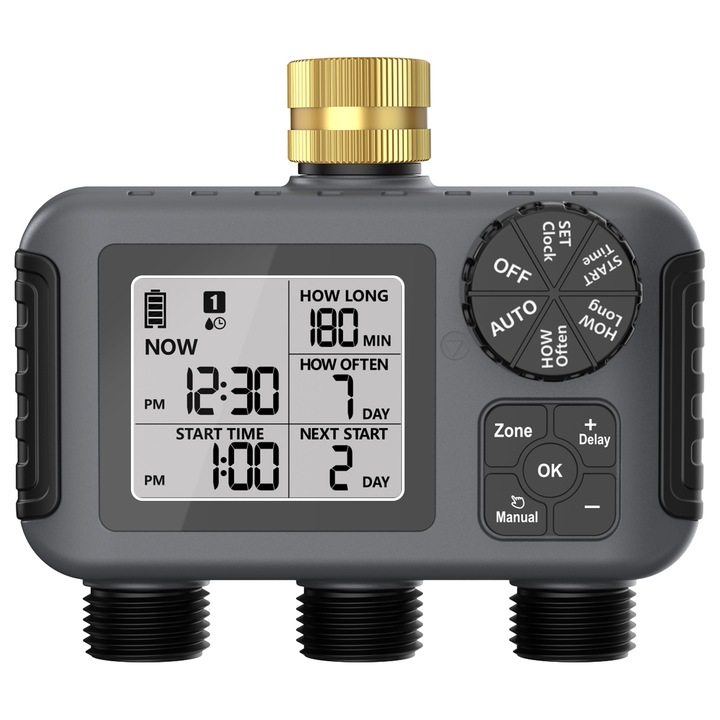 Programator stropire, HC-07, 3 iesiri, functie de intarziere la ploaie, mod manual, impermeabil