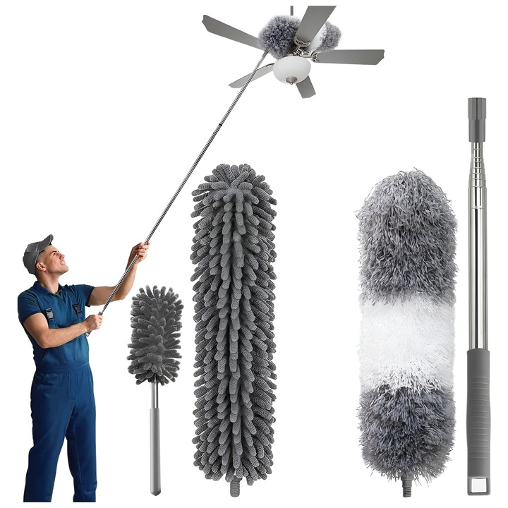 Set Curatentie cu Coada telescopica, si 3 Accesorii de Curatare, din Microfibra si Material Electrostatic, Gri