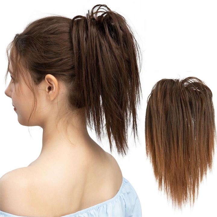 Peruca coada de cal pentru femei Omelivon®, Extensie cu clapeta, Fibre sintetice,28cm, Degradé Maro Luminoase​