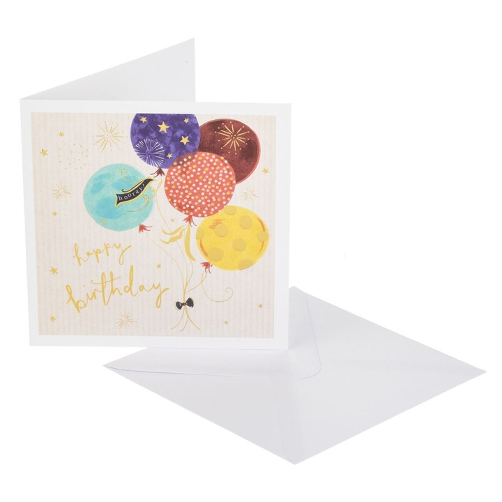 Felicitare zi de nastere alba bej cu baloane colorate "happy birthday" 15x15cm & plic