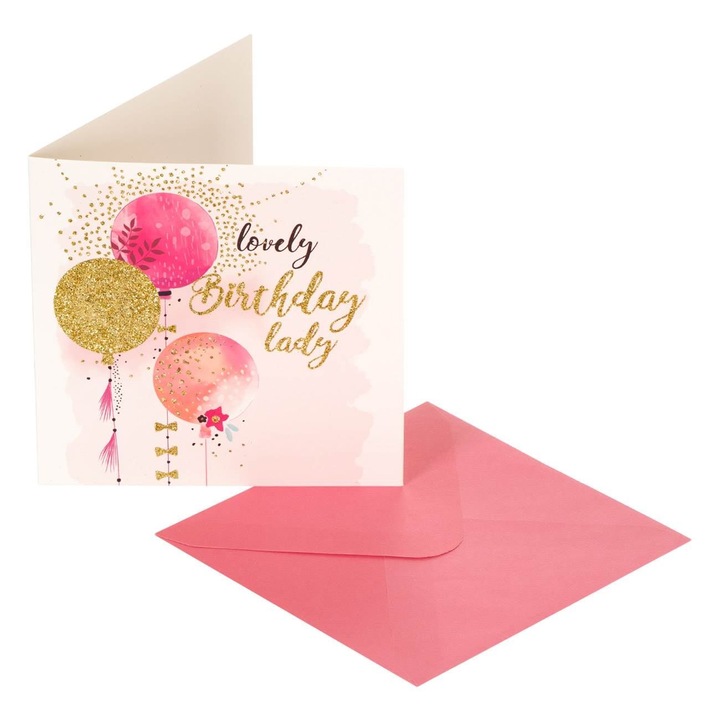 Felicitare zi de nastere cu baloane "lovely birthday", 15x15 cm, Roz