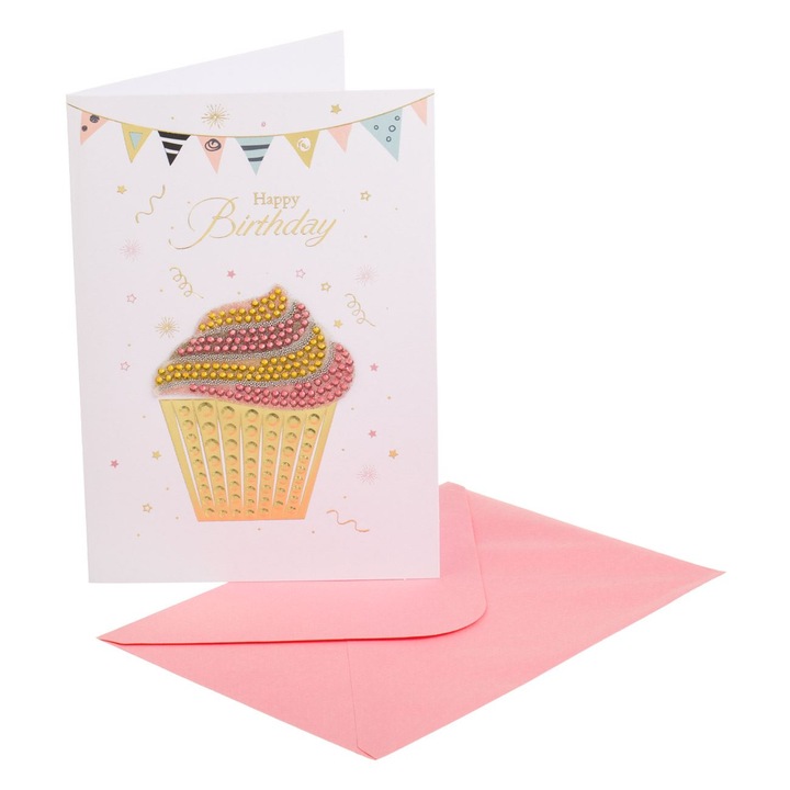 Felicitare zi de nastere cu model 3d cupcake folie aurie "happy birthday" 13x19cm & plic