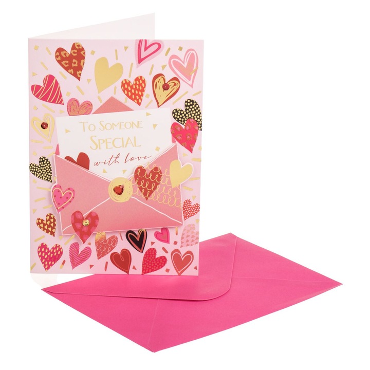 Felicitare de dragoste cu model litera cu inimi 13x19cm & plic