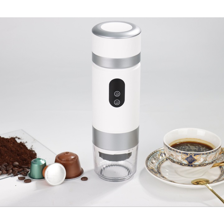 3 az 1-ben hordozható eszpresszógép - SARYTA 2.0, Nespresso kapszulákkal kompatibilis, Dolce Gusto, őrölt kávé, 80 ml-es űrtartalom, Vízmelegítő funkció, 20 bar nyomás, USB C típusú kábeles tápellátás, Fehér szín