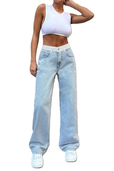 Blugi Dama, Talie Contrastanta, Croiala Dreapta, Albastru