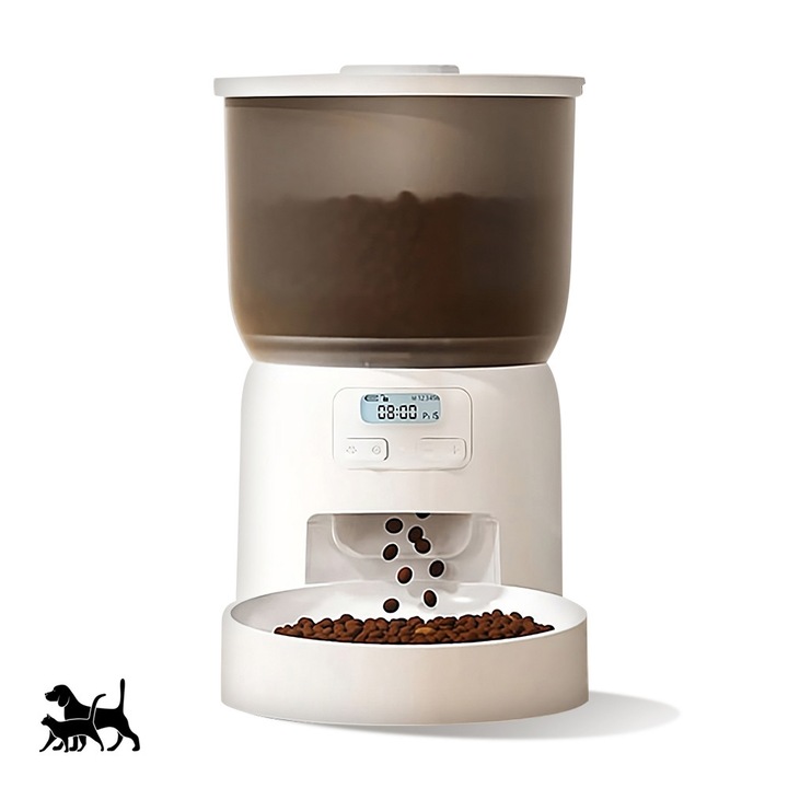 Dispenser Automat de Mancare pentru Animale E-Boda Pet Feeder PF10, Capacitate 3L, Pentru Caini si Pisici, Pana la 6 mese pe zi, 1 - 15 portii per masa, 3x baterii tip D sau direct la priza, Alb
