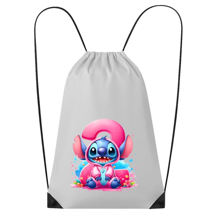 Rucsac tip ghiozdan Alfabet Cifra 2 cu Stitch Roz fericit, explozie de culori, Poliester, Cri-flo. Culoare Alb, Marime 34 x 45 cm