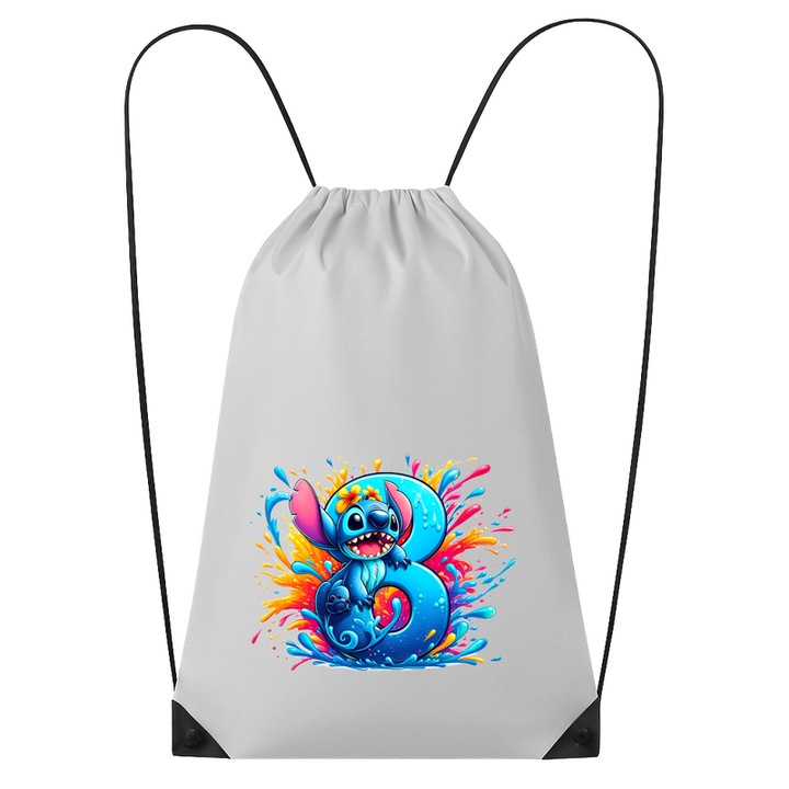 Rucsac tip ghiozdan Alfabet Cifra 8 cu Lilo si Stitch albastru, veselie mare, Mare, Poliester, Cri-flo. Culoare Alb, Marime 34 x 45 cm